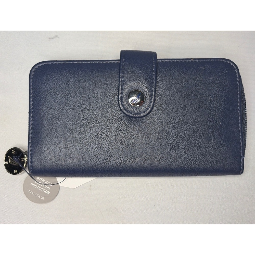 Nautica Navy Blue RFID Blocking Zip Around Clutch Wallet Vegan Leather New